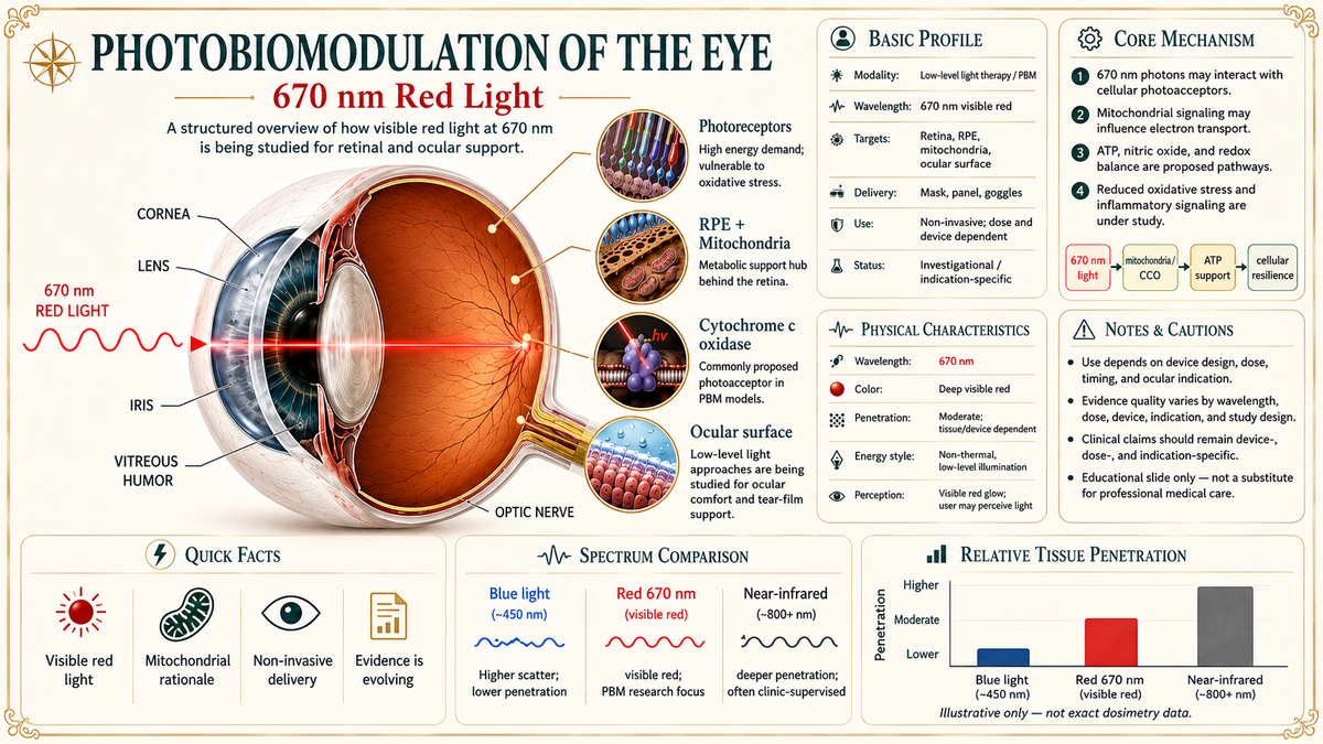 Infographic on photobiomodulation of the eye with detailed illustrations and text.