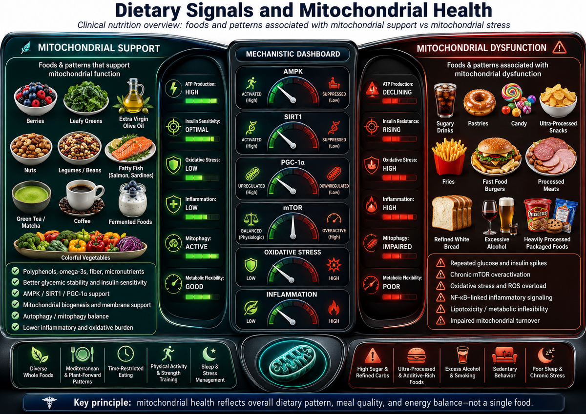 Diagram of dietary signals and mitochondrial health with various food categories and health indicators.